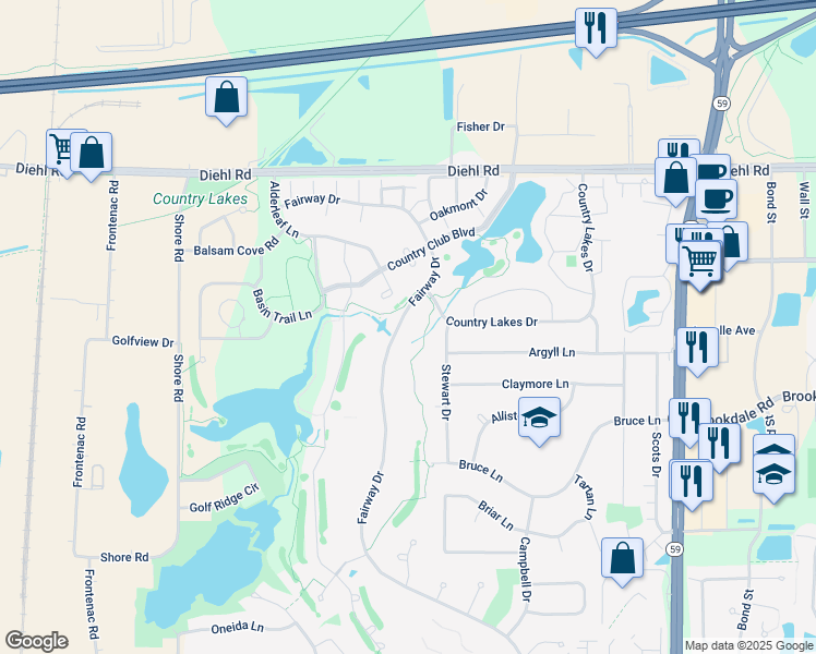 map of restaurants, bars, coffee shops, grocery stores, and more near 1598 Fairway Drive in Naperville