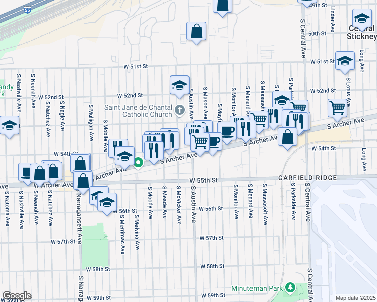 map of restaurants, bars, coffee shops, grocery stores, and more near 6150 South Archer Avenue in Chicago