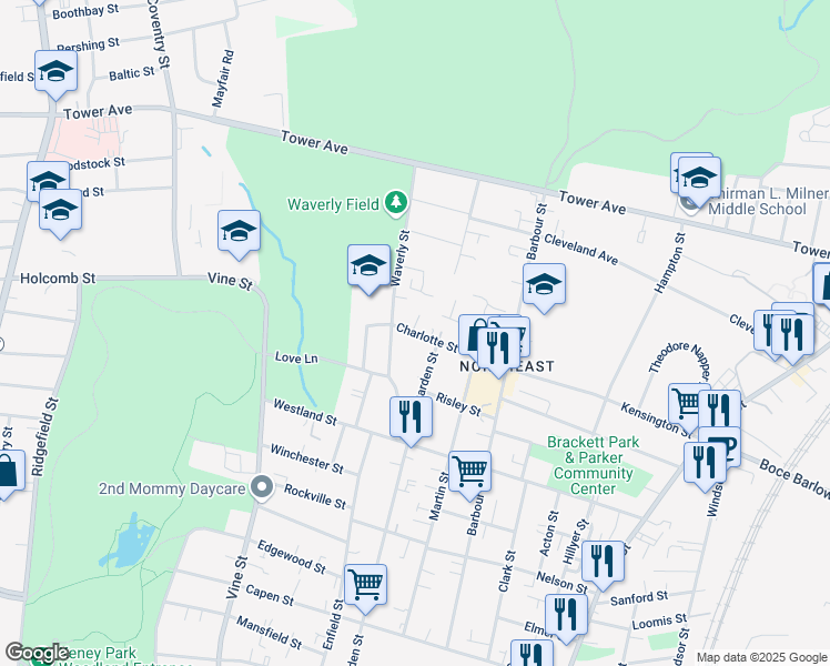 map of restaurants, bars, coffee shops, grocery stores, and more near 110 Charlotte Street in Hartford
