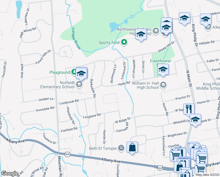 map of restaurants, bars, coffee shops, grocery stores, and more near 109 Hyde Road in West Hartford
