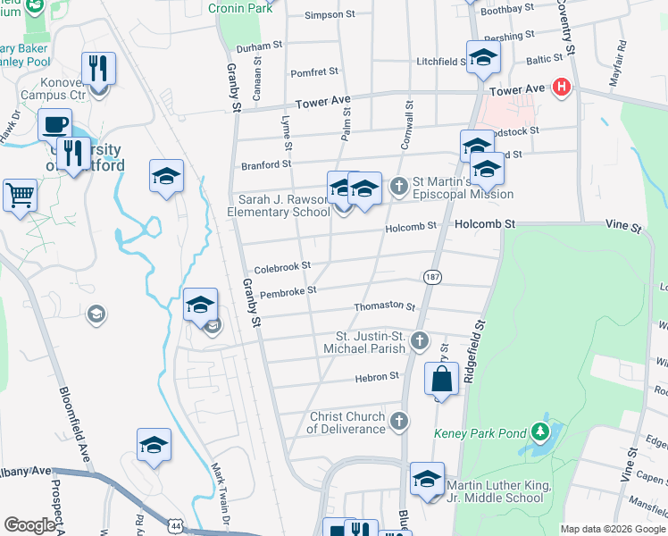 map of restaurants, bars, coffee shops, grocery stores, and more near 175 Colebrook Street in Hartford