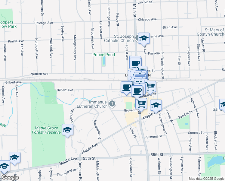 map of restaurants, bars, coffee shops, grocery stores, and more near 1139 Gilbert Avenue in Downers Grove