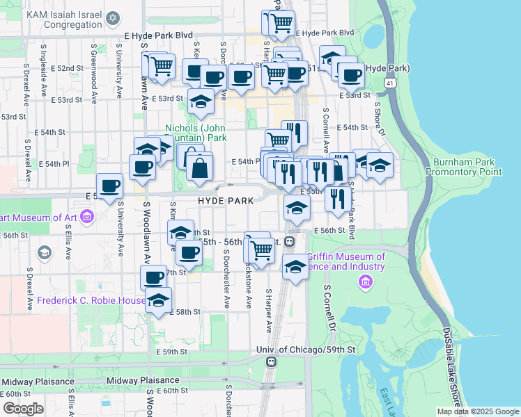 map of restaurants, bars, coffee shops, grocery stores, and more near 1454 East Park Place in Chicago