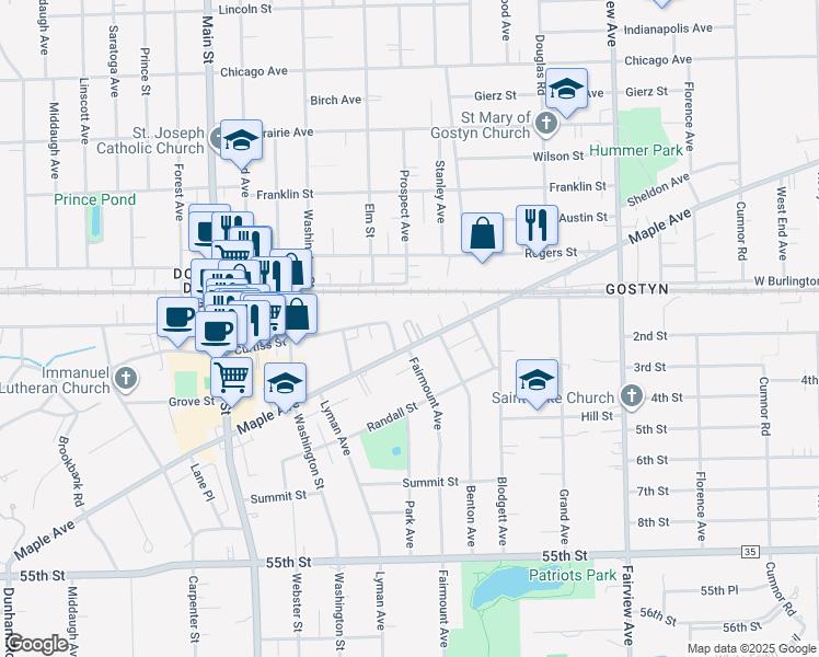 map of restaurants, bars, coffee shops, grocery stores, and more near 720 Maple Avenue in Downers Grove
