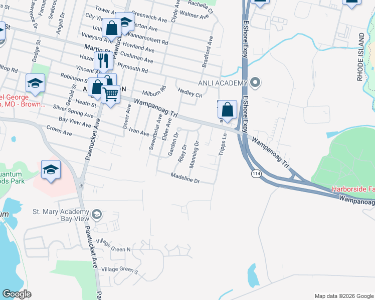 map of restaurants, bars, coffee shops, grocery stores, and more near 26 Riley Dr in East Providence