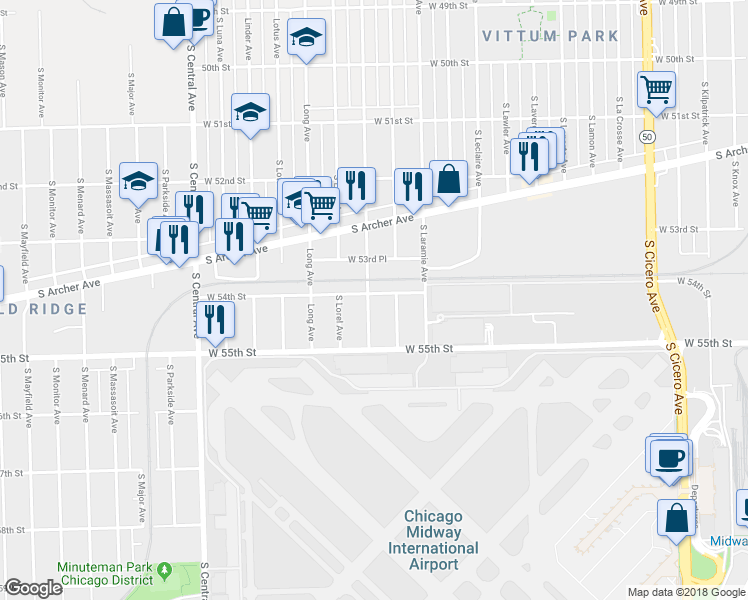 map of restaurants, bars, coffee shops, grocery stores, and more near 5405 South Lockwood Avenue in Chicago