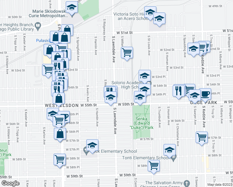 map of restaurants, bars, coffee shops, grocery stores, and more near 5423 South Lawndale Avenue in Chicago