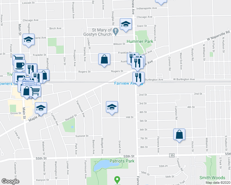 map of restaurants, bars, coffee shops, grocery stores, and more near 5124 Grand Avenue in Downers Grove