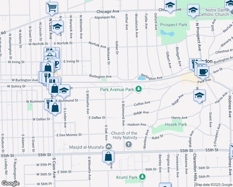 map of restaurants, bars, coffee shops, grocery stores, and more near 22 South Richmond Avenue in Westmont