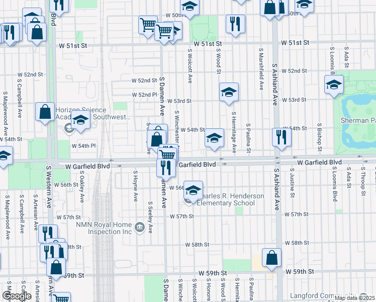map of restaurants, bars, coffee shops, grocery stores, and more near 5444 South Wolcott Avenue in Chicago