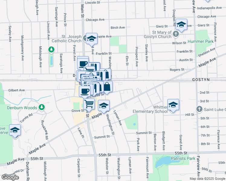 map of restaurants, bars, coffee shops, grocery stores, and more near 842 Curtiss Street in Downers Grove