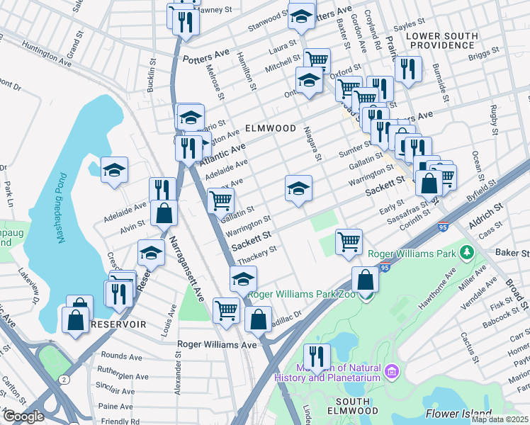 map of restaurants, bars, coffee shops, grocery stores, and more near 195 Melrose Street in Providence