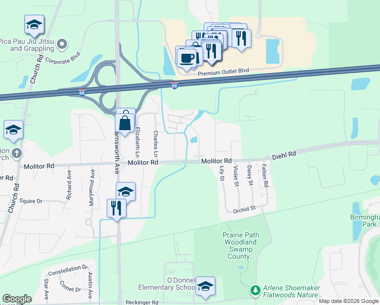 map of restaurants, bars, coffee shops, grocery stores, and more near 1865-67 Connie Court in Aurora