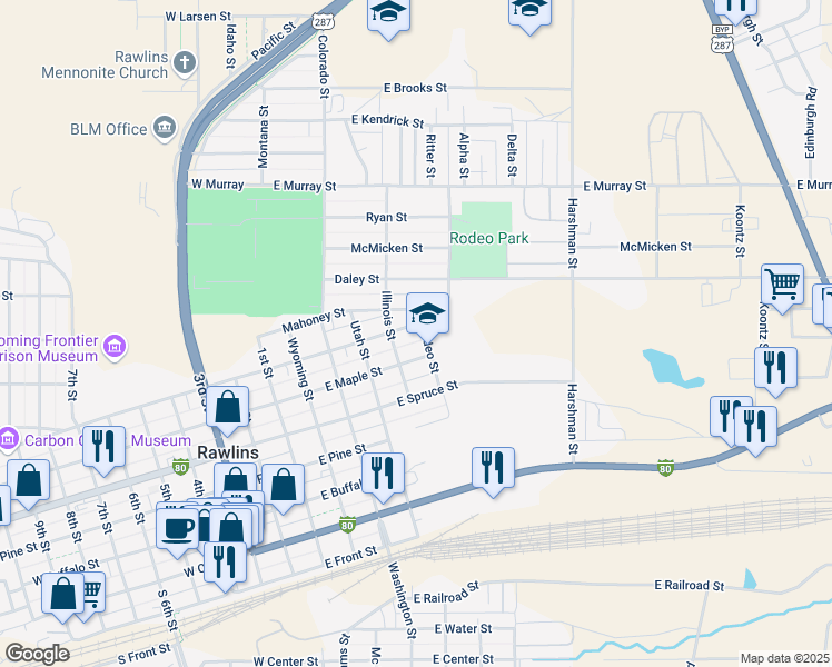 map of restaurants, bars, coffee shops, grocery stores, and more near 516 East Walnut Street in Rawlins