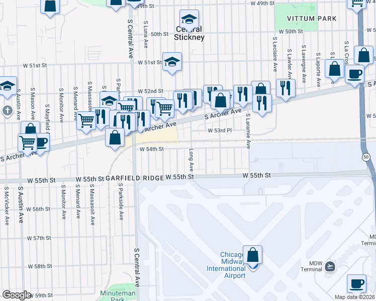 map of restaurants, bars, coffee shops, grocery stores, and more near 5400 Long Avenue in Chicago