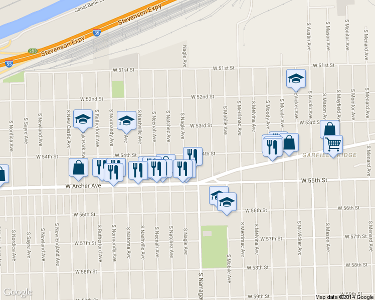 map of restaurants, bars, coffee shops, grocery stores, and more near 5353 S Nagle Ave in Chicago