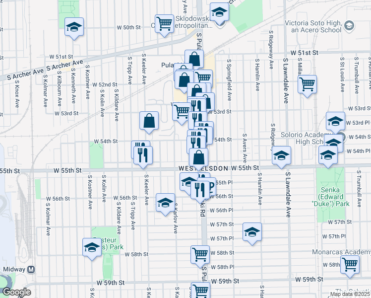 map of restaurants, bars, coffee shops, grocery stores, and more near 5416 South Komensky Avenue in Chicago