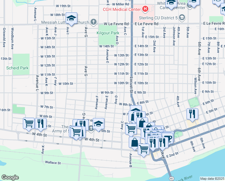 map of restaurants, bars, coffee shops, grocery stores, and more near 406 West 9th Street in Sterling