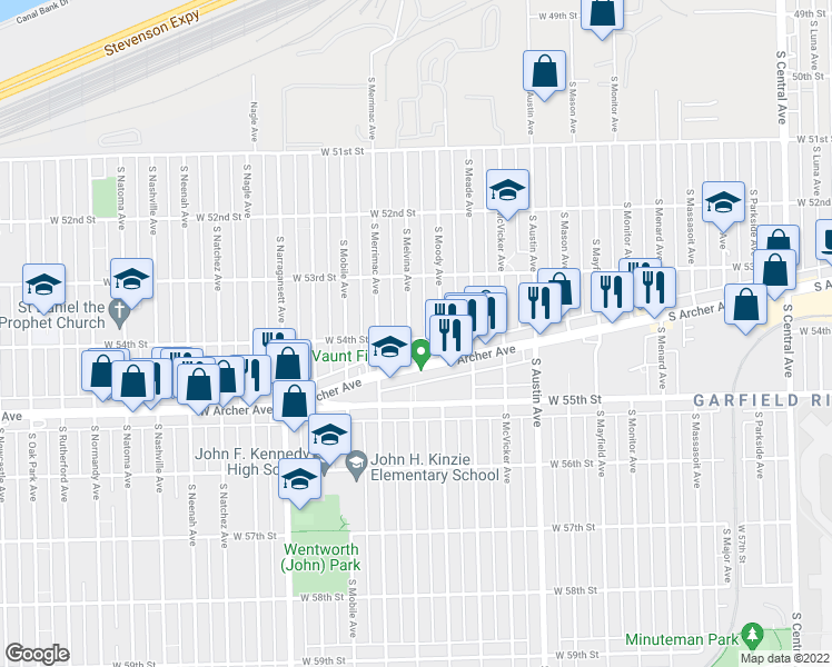 map of restaurants, bars, coffee shops, grocery stores, and more near 5359 South Melvina Avenue in Chicago