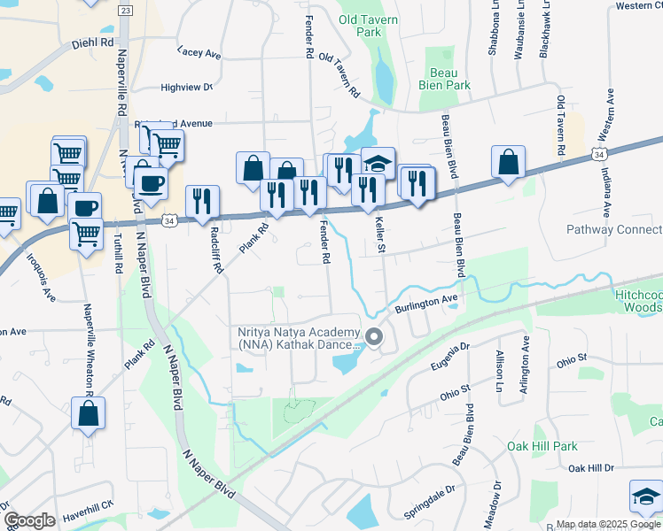 map of restaurants, bars, coffee shops, grocery stores, and more near 5007 Fender Road in Lisle