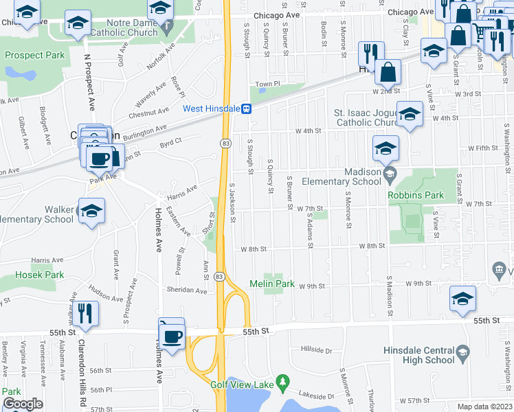 map of restaurants, bars, coffee shops, grocery stores, and more near 645 South Stough Street in Hinsdale