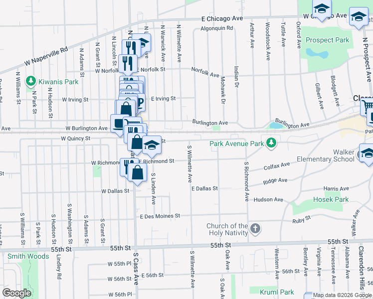 map of restaurants, bars, coffee shops, grocery stores, and more near 22 South Wilmette Avenue in Westmont