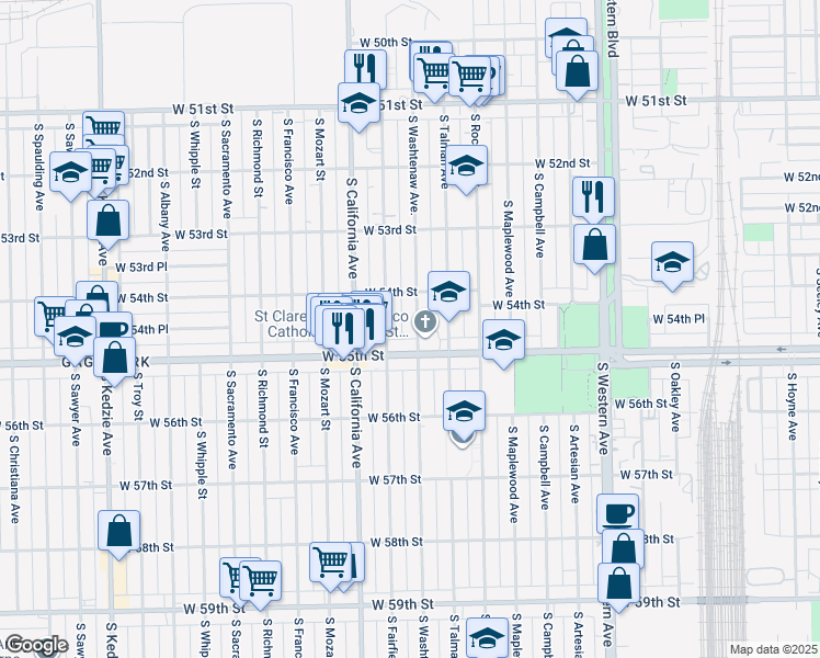 map of restaurants, bars, coffee shops, grocery stores, and more near 5434 South Washtenaw Avenue in Chicago