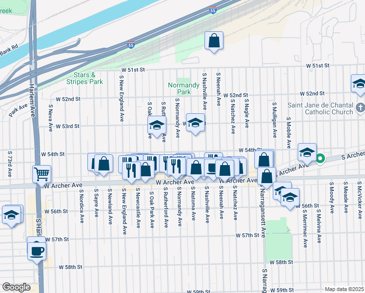 map of restaurants, bars, coffee shops, grocery stores, and more near 5351 South Normandy Avenue in Chicago