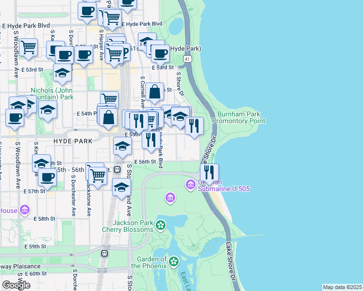 map of restaurants, bars, coffee shops, grocery stores, and more near 5523 South Everett Avenue in Chicago