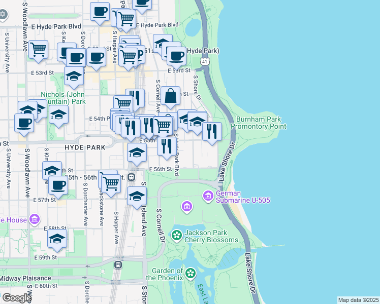 map of restaurants, bars, coffee shops, grocery stores, and more near 5524-5526 South Everett Avenue in Chicago