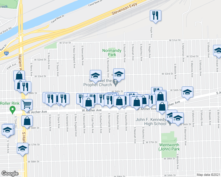 map of restaurants, bars, coffee shops, grocery stores, and more near 5351 South Normandy Avenue in Chicago