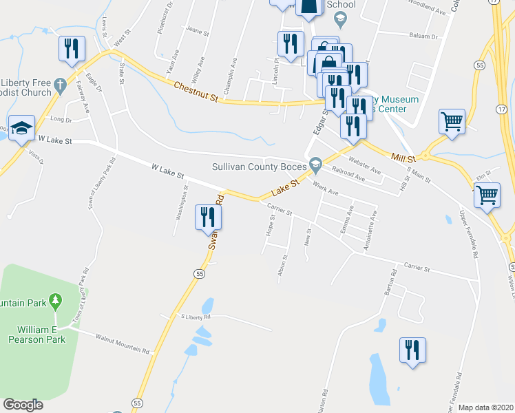 map of restaurants, bars, coffee shops, grocery stores, and more near 2 Carrier Street in Liberty