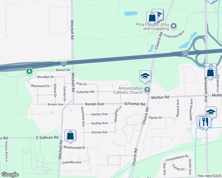 map of restaurants, bars, coffee shops, grocery stores, and more near 1902 Schomer Court in Aurora