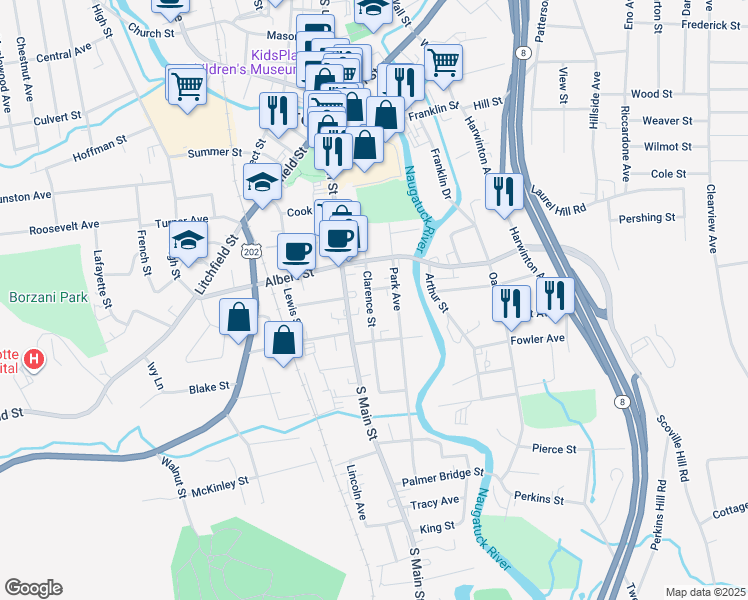 map of restaurants, bars, coffee shops, grocery stores, and more near 59 Clarence Street in Torrington