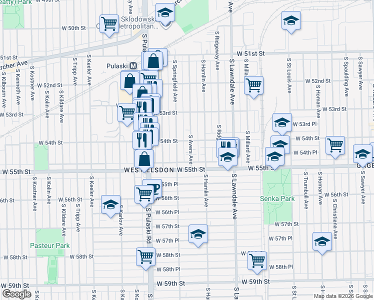 map of restaurants, bars, coffee shops, grocery stores, and more near 5418 S Avers Ave in Chicago