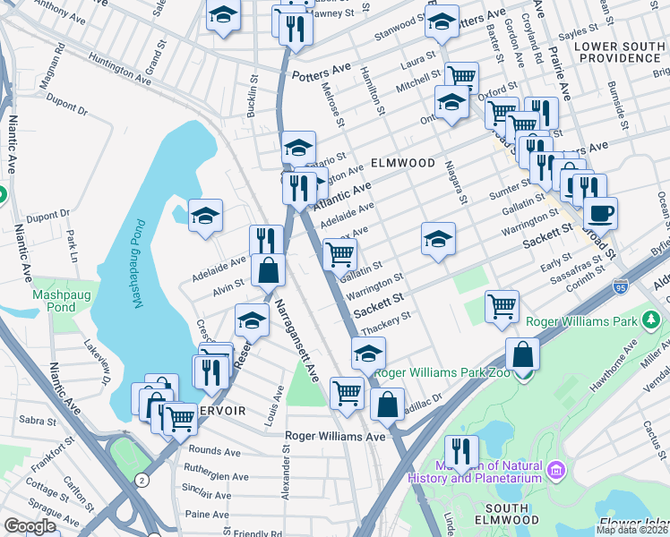 map of restaurants, bars, coffee shops, grocery stores, and more near 650 Elmwood Avenue in Providence