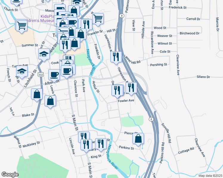 map of restaurants, bars, coffee shops, grocery stores, and more near 29 Mortimer Street in Torrington
