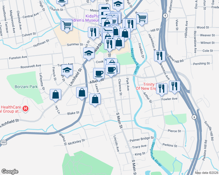map of restaurants, bars, coffee shops, grocery stores, and more near 294 South Main Street in Torrington