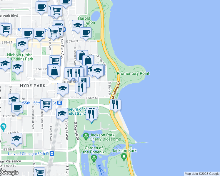 map of restaurants, bars, coffee shops, grocery stores, and more near 5530 South Shore Drive in Chicago