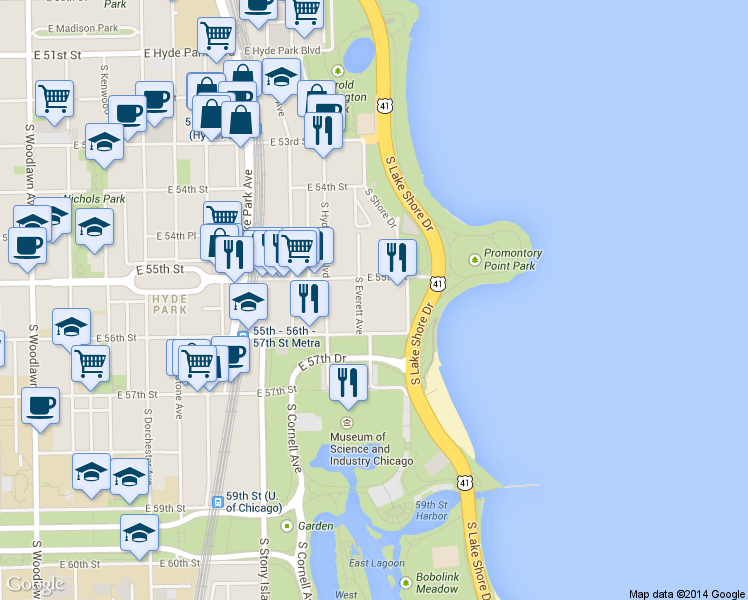 map of restaurants, bars, coffee shops, grocery stores, and more near 5523 South Everett Avenue in Chicago