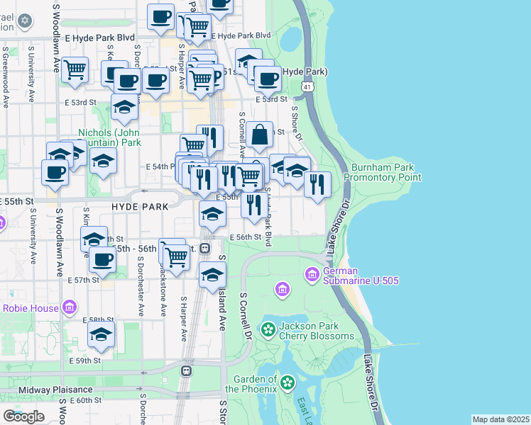 map of restaurants, bars, coffee shops, grocery stores, and more near 5525 South Hyde Park Boulevard in Chicago
