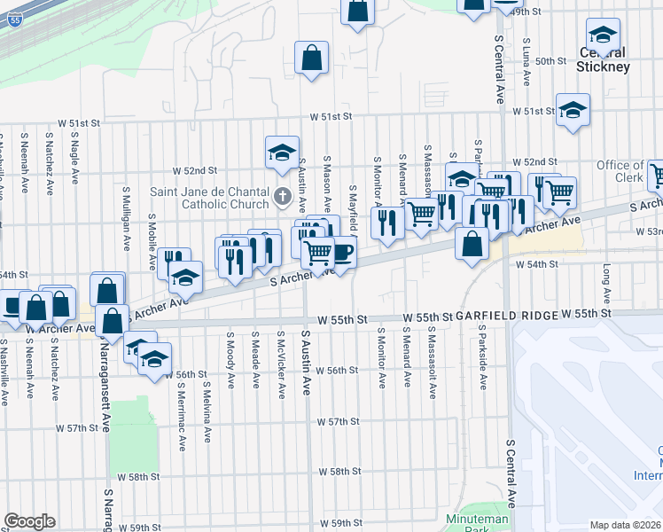 map of restaurants, bars, coffee shops, grocery stores, and more near 6118 South Archer Avenue in Chicago