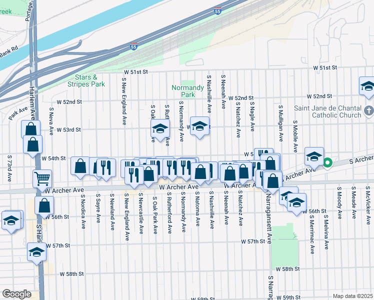 map of restaurants, bars, coffee shops, grocery stores, and more near 5351 South Normandy Avenue in Chicago