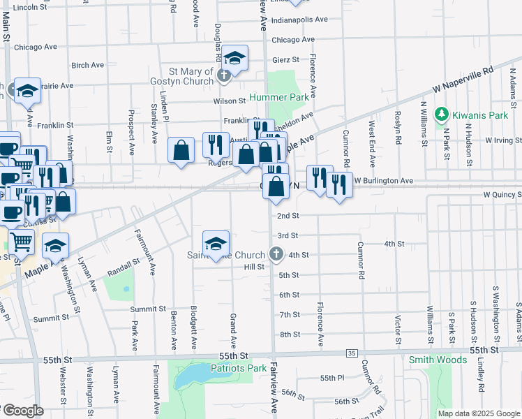 map of restaurants, bars, coffee shops, grocery stores, and more near 5117 Fairview Avenue in Downers Grove