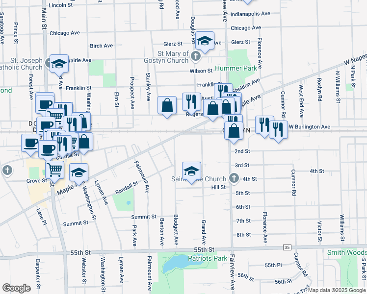map of restaurants, bars, coffee shops, grocery stores, and more near 5115 Blodgett Avenue in Downers Grove