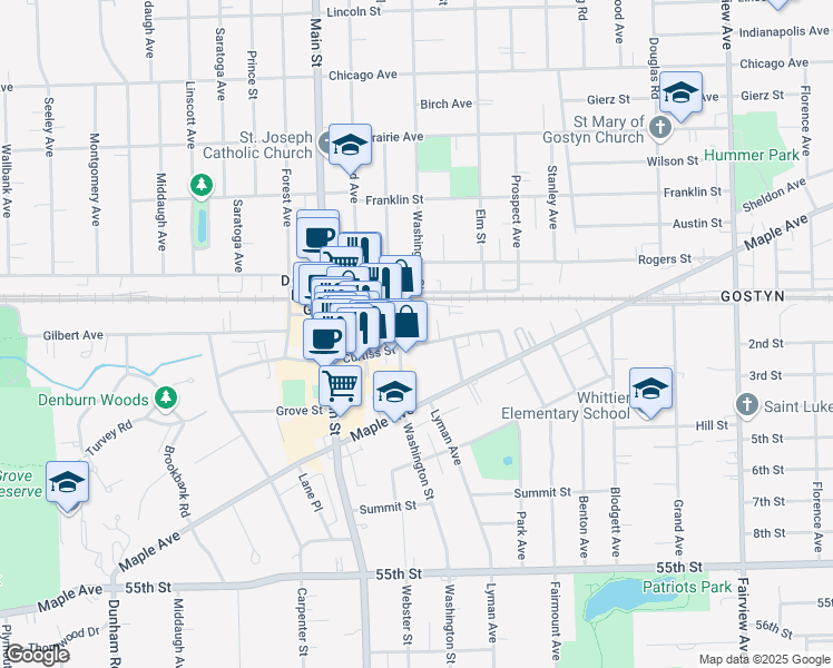 map of restaurants, bars, coffee shops, grocery stores, and more near 842 Curtiss Street in Downers Grove
