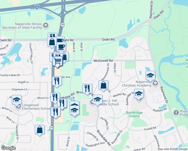 map of restaurants, bars, coffee shops, grocery stores, and more near 0 Naperville Road in Wheaton