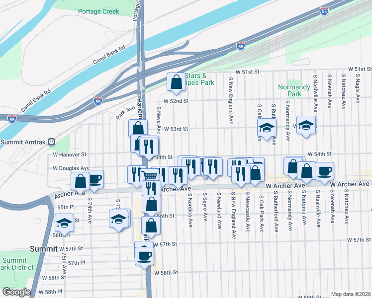 map of restaurants, bars, coffee shops, grocery stores, and more near 5346 South Nordica Avenue in Chicago