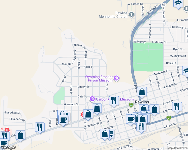 map of restaurants, bars, coffee shops, grocery stores, and more near 1001 9th Street in Rawlins