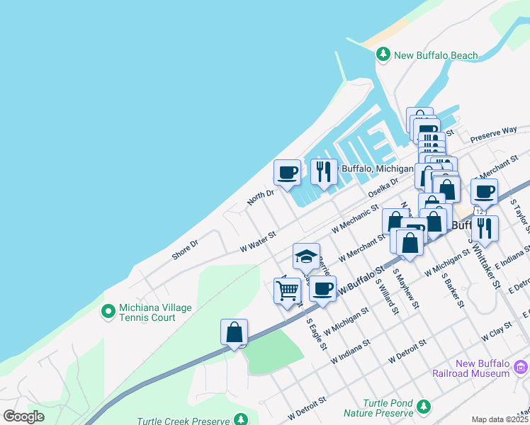 map of restaurants, bars, coffee shops, grocery stores, and more near 330 North Chicago Street in New Buffalo